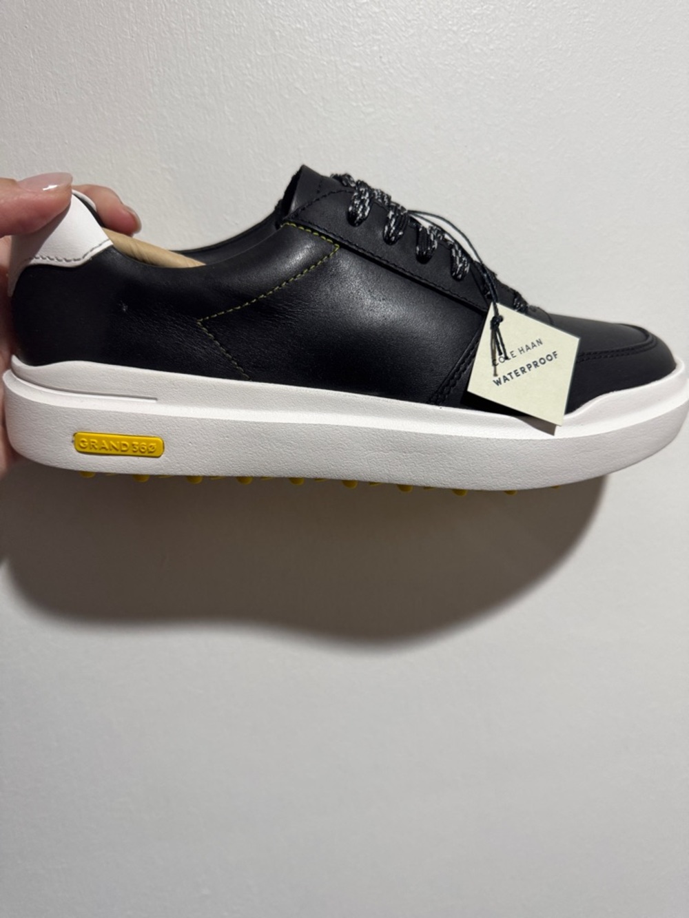 Cole Haan Black Leather Sneakers with White Sole and Yellow Accents